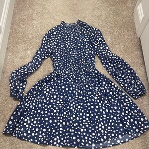 Elegant Blue and White Polka Dot Long Sleeve Dress